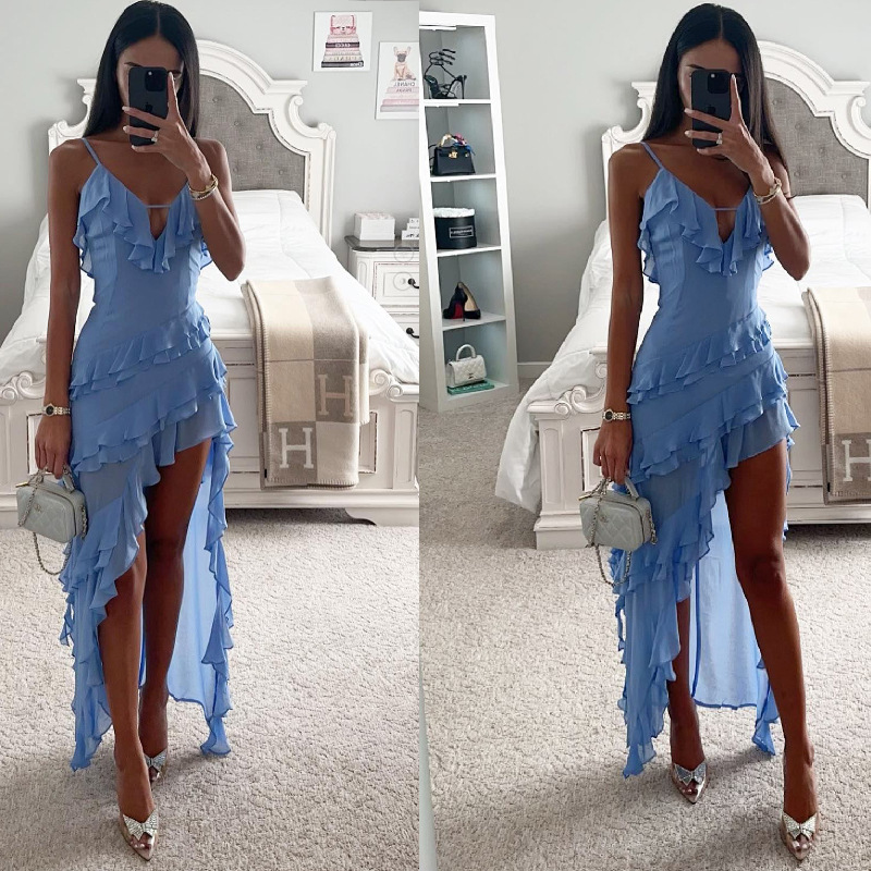 Cross-border foreign trade independent station Amazon 2023 new European and American sexy sling irregular solid color dress dress