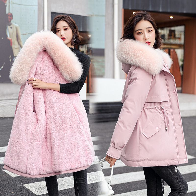 New Korean version of women's winter A version of the long cotton-padded jacket net red pie to overcome the plus velvet liner large fur collar large size waist short outside