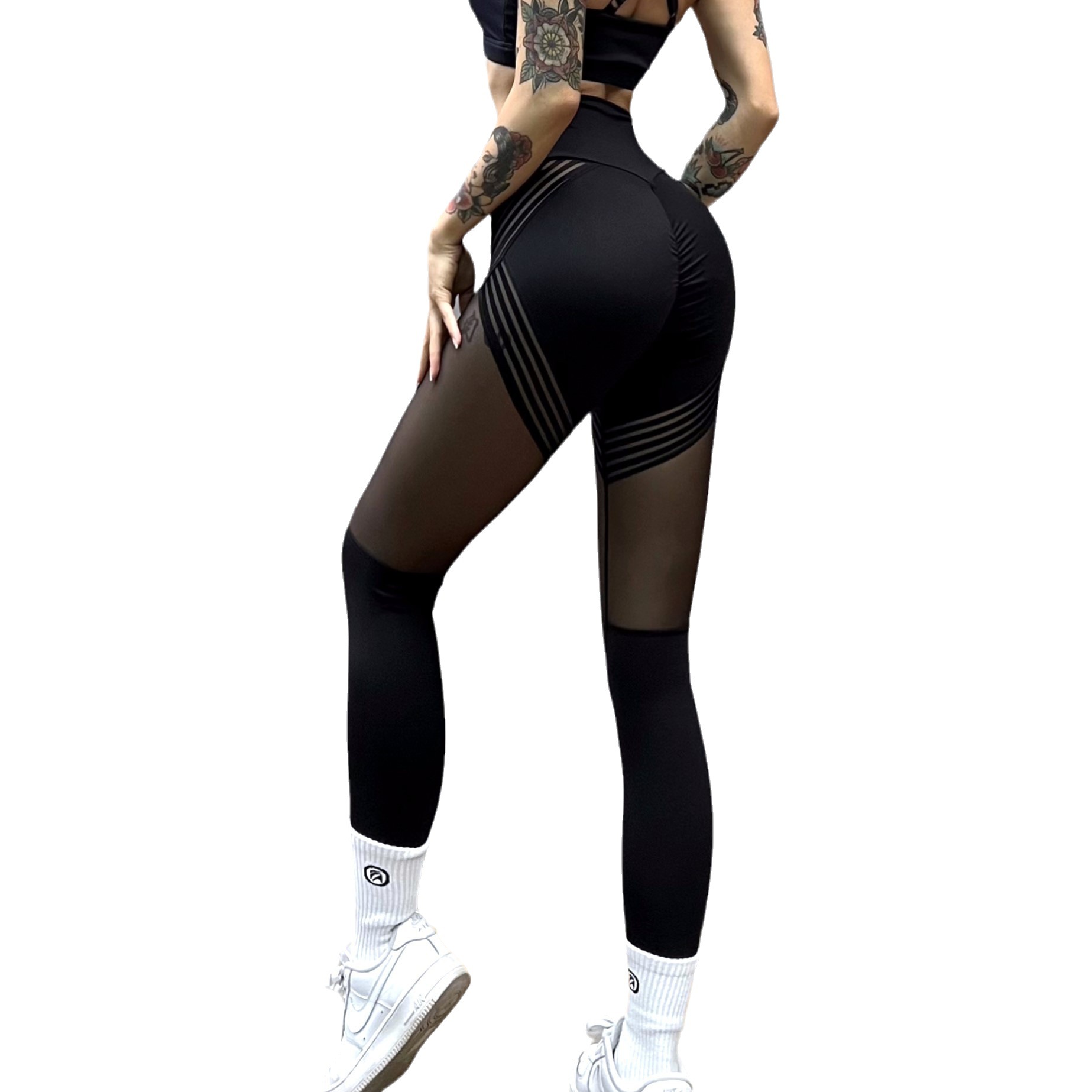 European and American Cross-border Sexy Mesh Stitching Fitness Trousers Women's Sports Yoga Hip-lifting High Waist Elastic Quick-drying Slimming