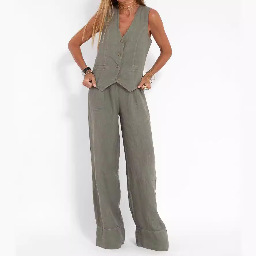 2024 European and American Cross-border Hot Selling New Fashion Vest Trousers Collage Stitching Cotton and Linen Casual Suit