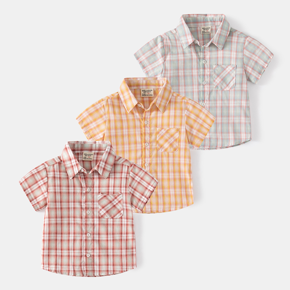 Summer Outdoor Travel Casual Shirt Boy's Lapel Plaid Shirt Cotton Comfortable Children's Short Sleeve Shirt