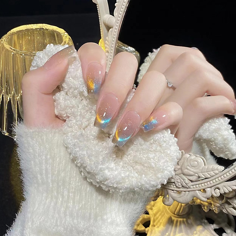 Flash cat eye nail polish wearable nail piece French gradient two-color nail sticker finished fake nail Aurora White nail