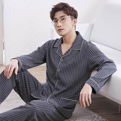 Pajamas Men's Long-sleeved Cotton Spring and Autumn Summer Men's Cotton Men's Thin Green Middle-aged Cardigan Home Clothes Set