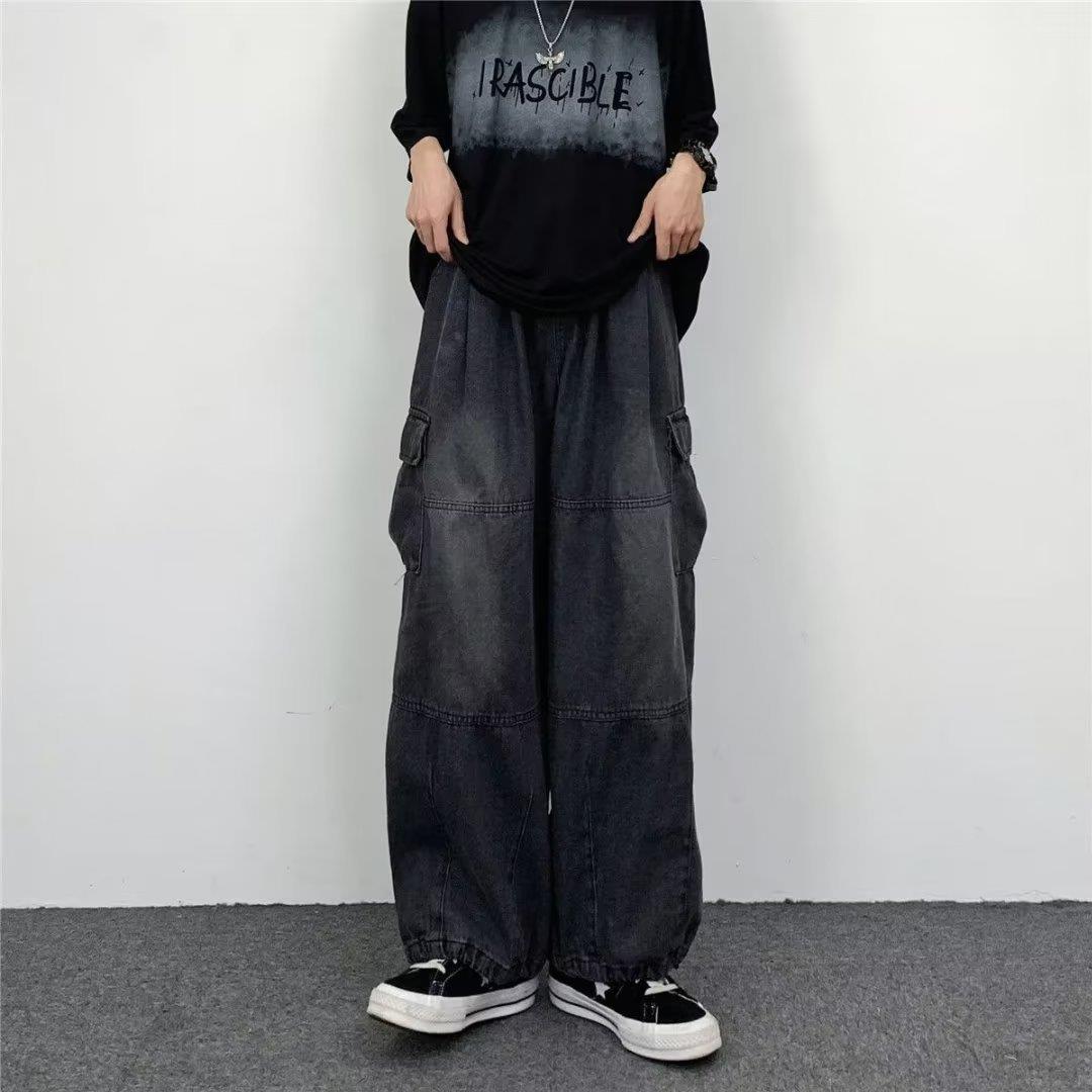 Trendy Brand Hong Kong Style Retro Draping Loose Wide Leg Casual Large Pocket Workwear Denim Washed New Torre Pants for Men and Women