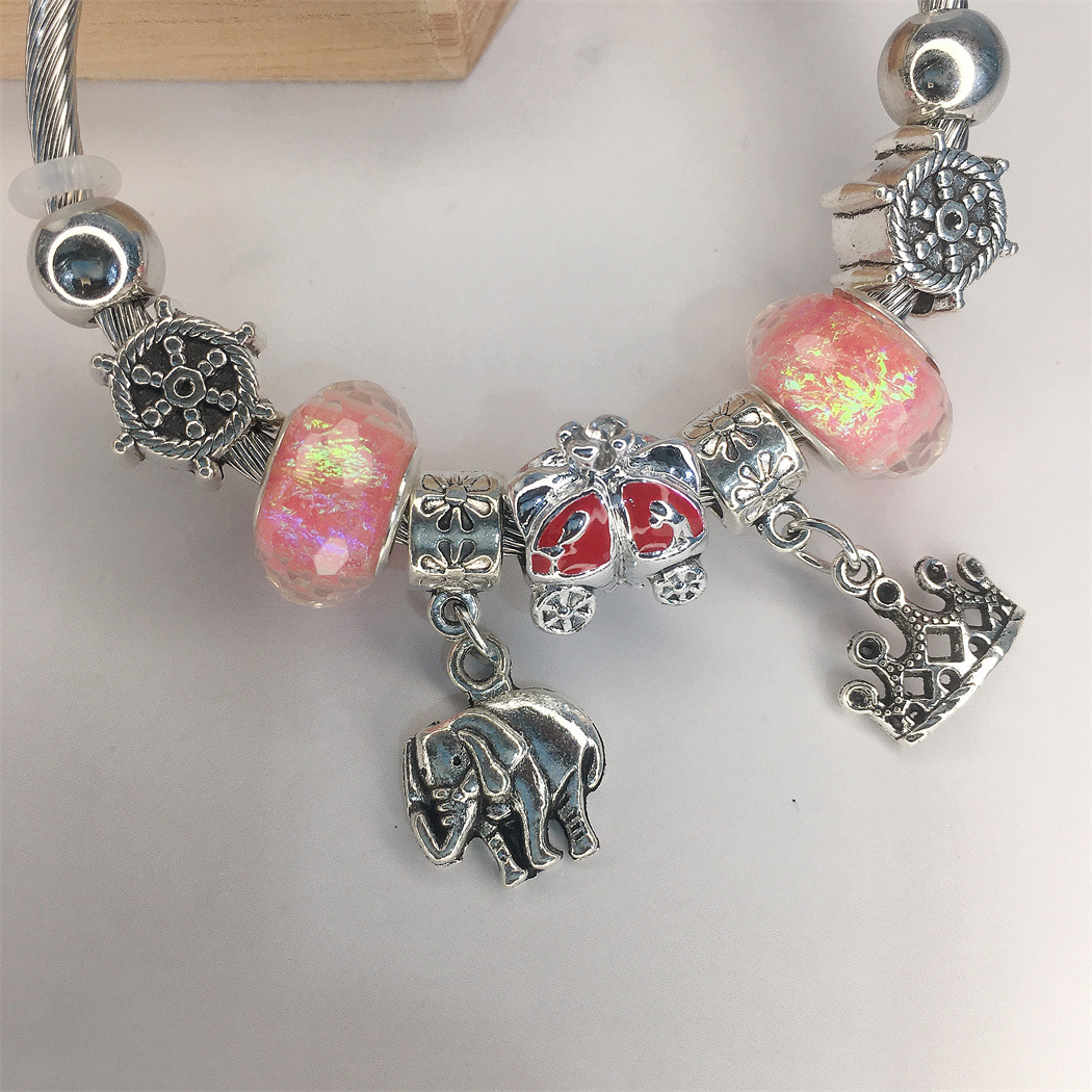 Panjia Classic Style Amazon Hot Sale Peace Elephant Crown Stainless Steel Adjustable DIY Handmade Beaded Bracelet