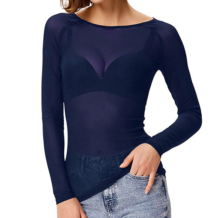 Spring and Autumn New Black Transparent Mesh Base Shirt Women's Long Sleeve Sexy Perspective Thin Mesh Shirt Super Stretch Yarn Clothes
