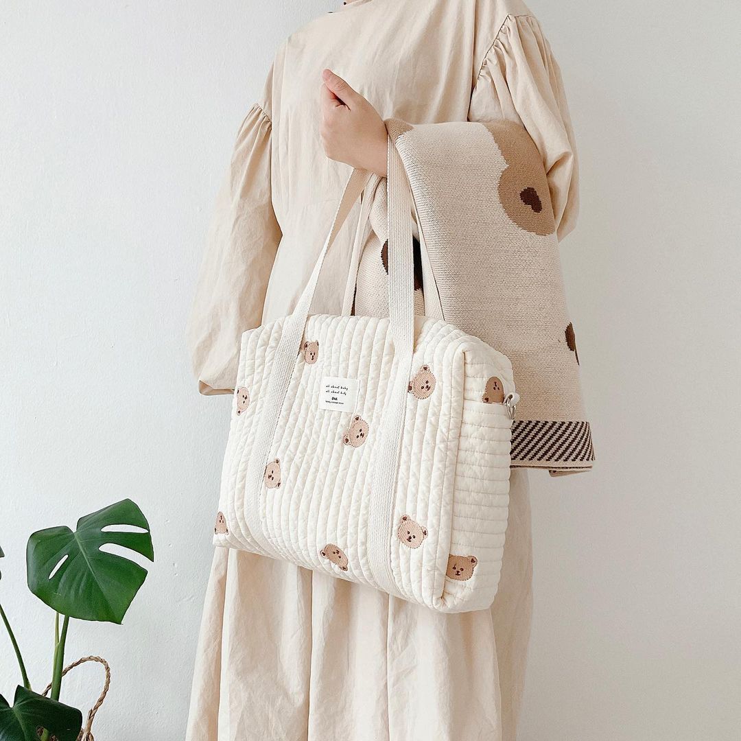 In stock South Korea ins2021 New zipper embroidery cotton mummy bag baby trolley hanging bag diaper bag