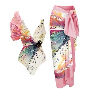 in stock 2025 New Explosions Printed one-piece swimsuit Women's Suit European and American French Retro Belly-covered Chiffon Skirt Swimwear