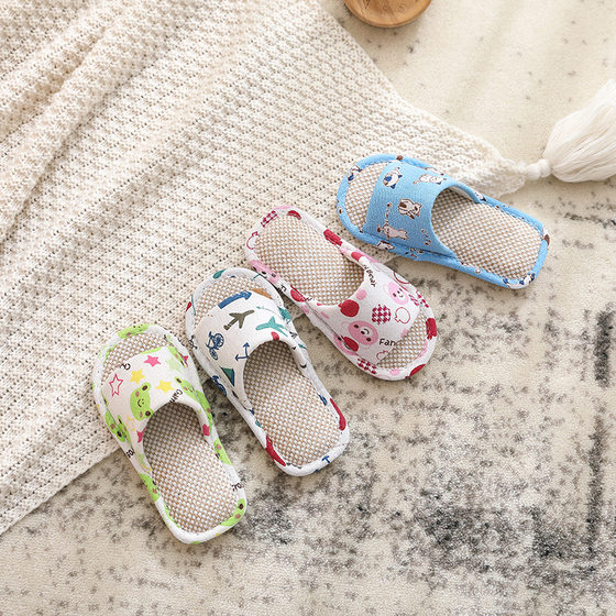 New Four Seasons linen slippers children's simple cartoon cute boys and girls home indoor non-slip sweat-absorbing