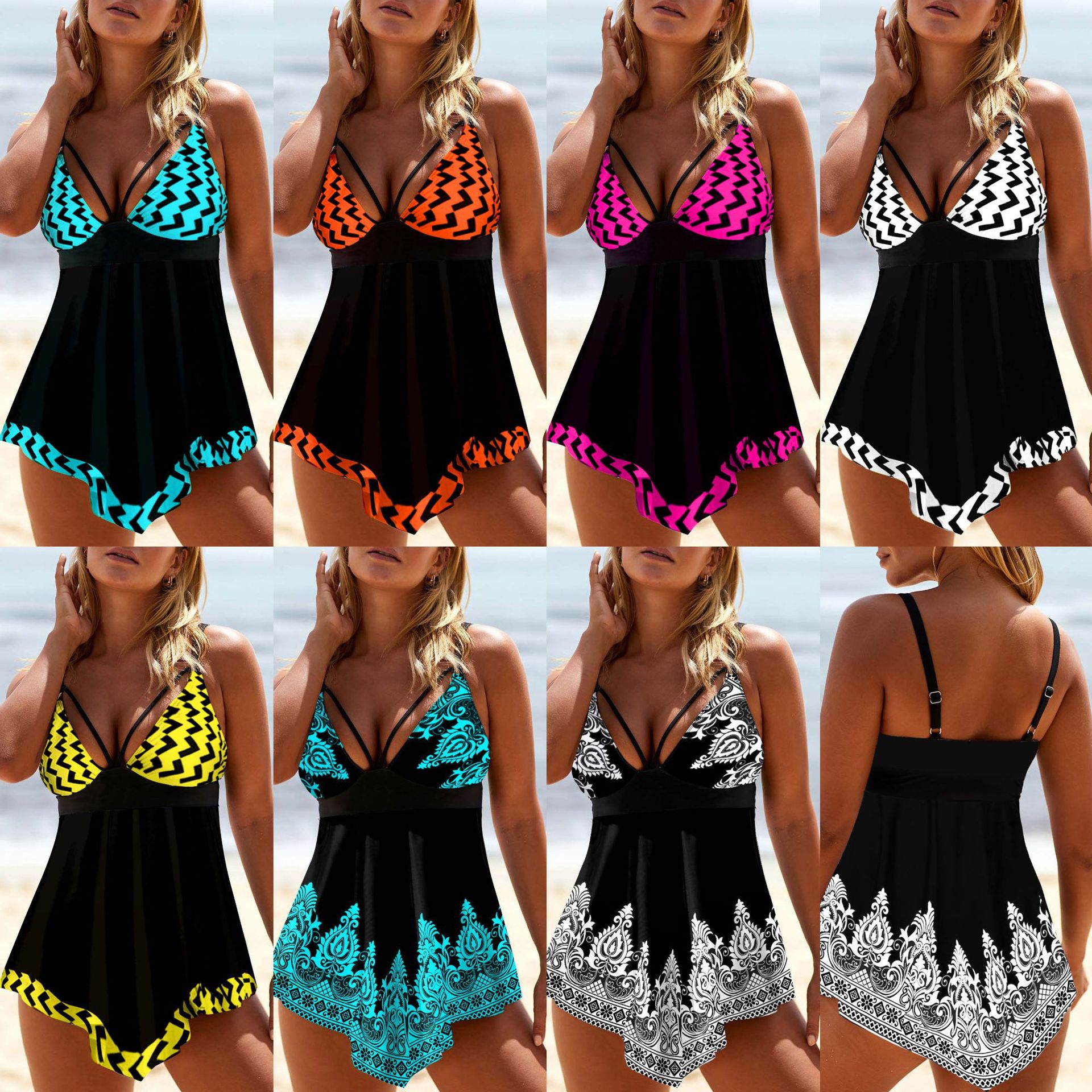 Mandite new cross-border Amazon customized sexy printed strap deep V large size skirt tankini swimsuit for women