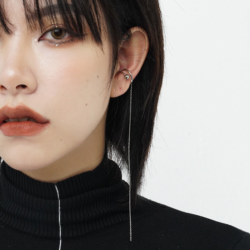 Lost a long ear hook without ear hole female unique tassel ear clip double line round bead ear clip cool