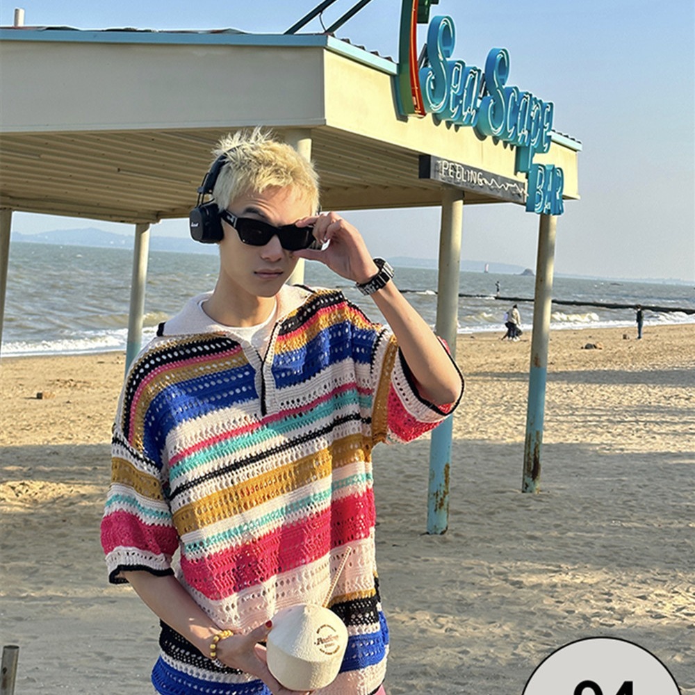 American Style Retro Color Striped Hollow Knitwear Spring and Summer New Lar Loose Casual Shirt Top Trendy Brand