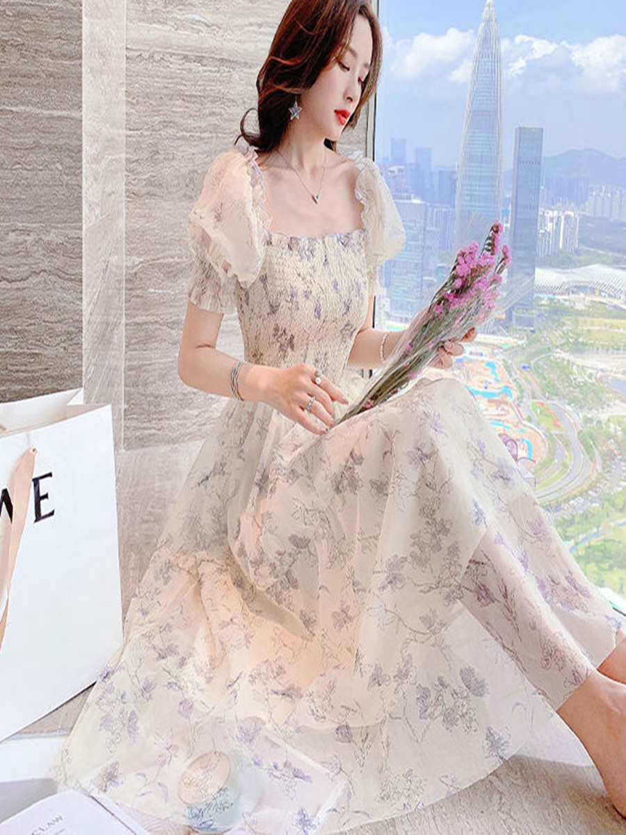 French Ink Painting Floral Chiffon Dress Puff Sleeve Slimming Elegant Sweet Mid-length Skirt Summer Women's Wear