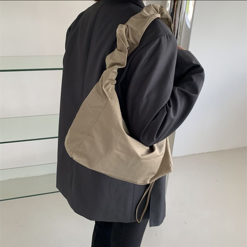 Canvas Bag Women's Korean-style Single-shoulder Pleated Drawstring Canvas Bag Small Fresh Artistic Solid Color Portable Crossbody Casual Women's Bag_voghion.com