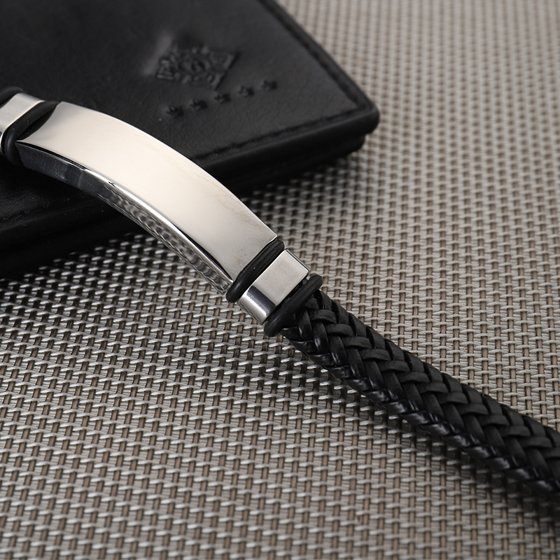 European and American electricity supplier retro leather rope woven couple bracelet stainless steel bending brand laser lettering titanium steel jewelry