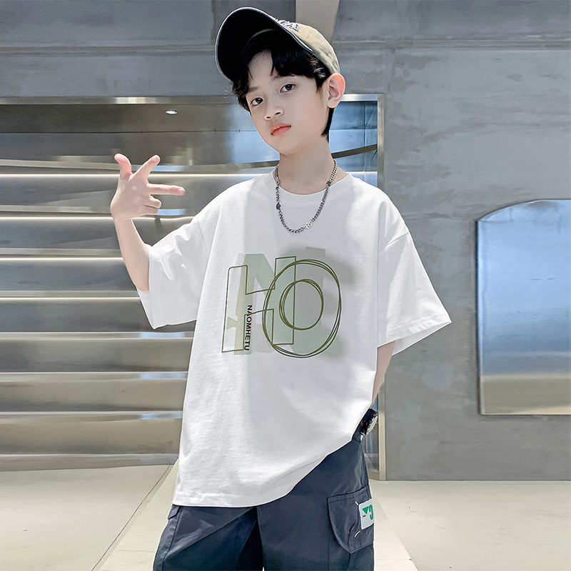 Boys' Short Sleeve Cotton Print Summer New Medium and Large Children's Letter Casual Half-Sleeve Loose Top