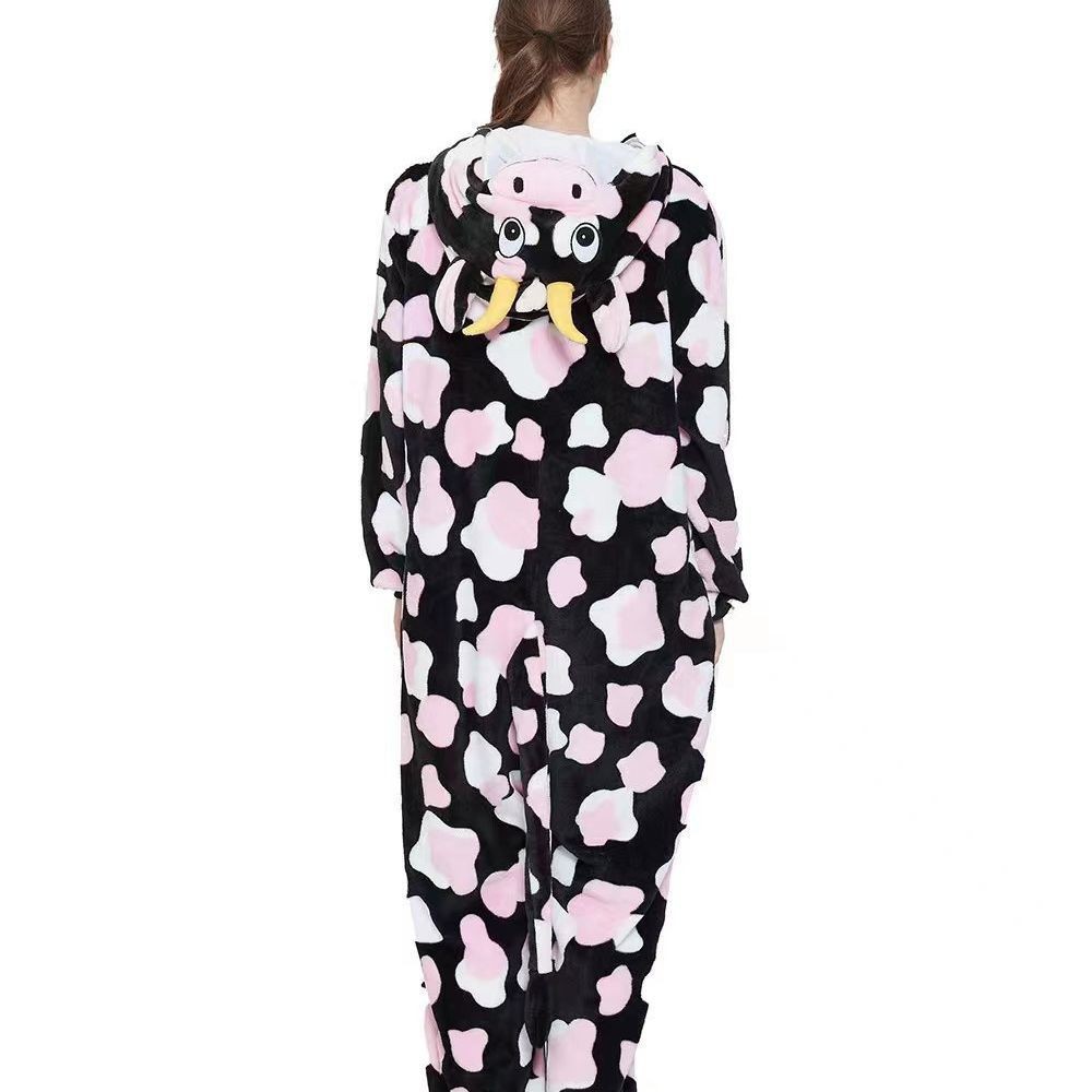 Powder cow new pajamas flannel cartoon animal conjoined pajamas couples performance funny home clothes mixed batch