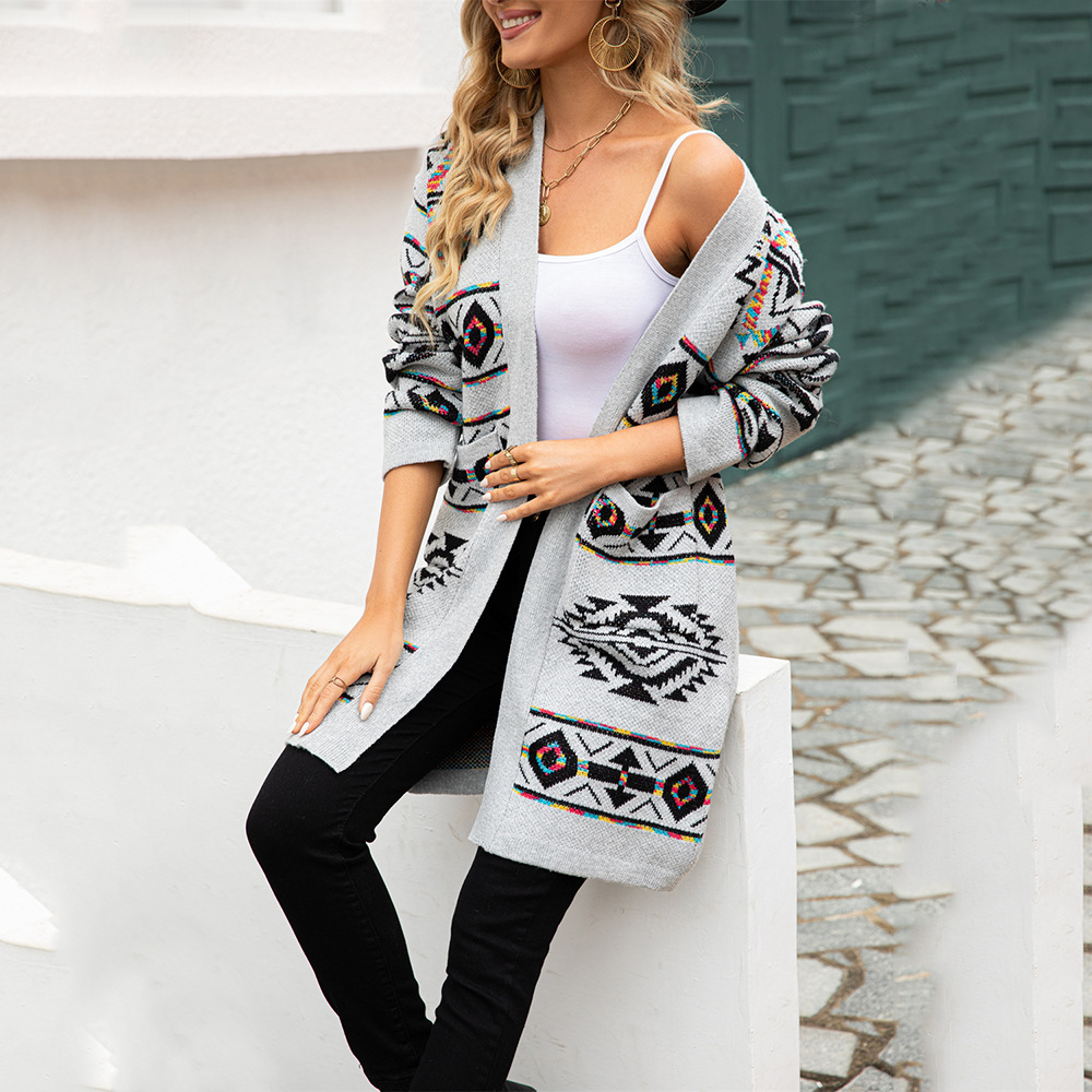 2022 New Autumn and Winter European and American Amazon Explosions INS Belly-Covering Slimming Diamond Large Size Knitted Shirt Long Jacket