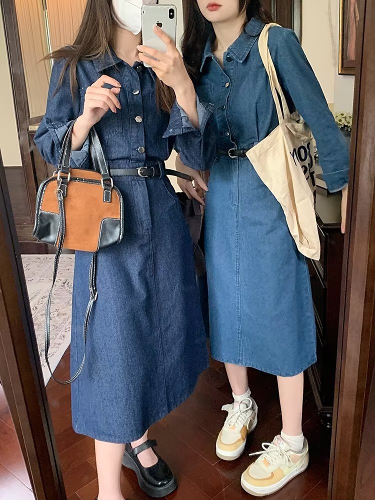 plus size Women's chubby girl Early Autumn Tibetan Flesh Slimming Denim dress Temperament Retro Design Mature Light Luxury Dress