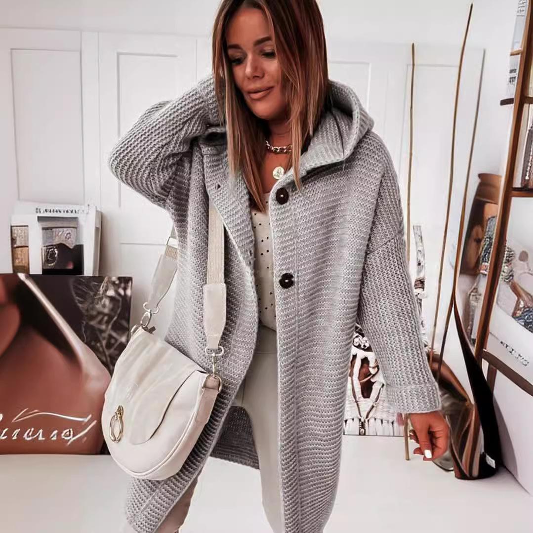 2024 new hooded sweater hat collar temperament commuter loose cardigan women's sweater plus size women's cross-border manufacturers