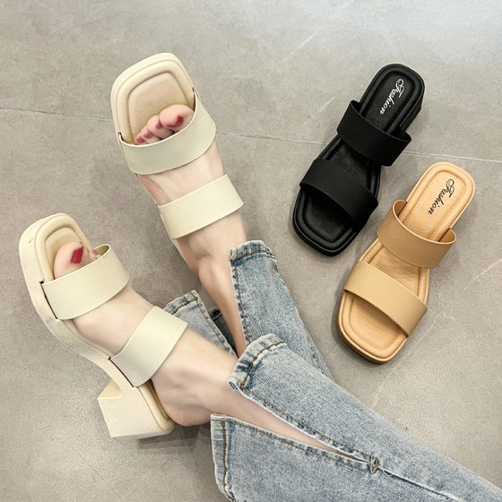 New High Heel Slippers Women's Summer Cross-border Sandals Women's Outer Wear Thick Heel Foreign Trade All-match Southeast Asia One-word Beach Sandals
