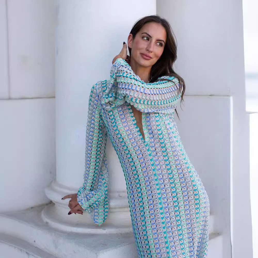 2023 European and American cross-border Amazon AliExpress popular contrast color lace hollow low-cut front slit dress