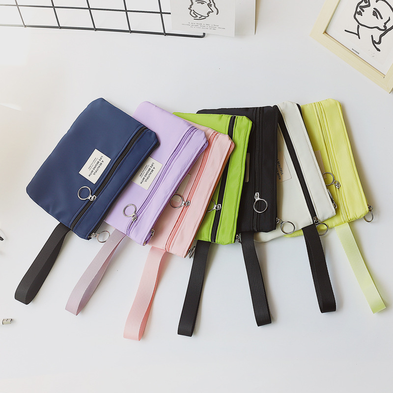 Korean style student cute portable double-layer phone bag female wrist zipper solid color fresh lipstick makeup storage bag