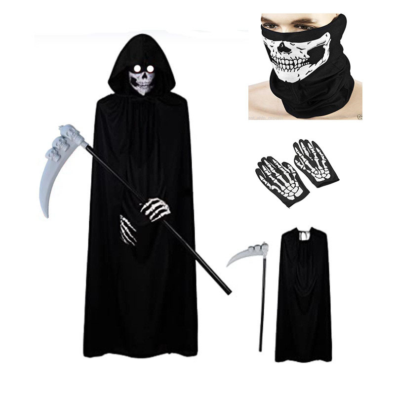Halloween Party adult death black cloak Cape skull face towel gloves Halloween costume props set