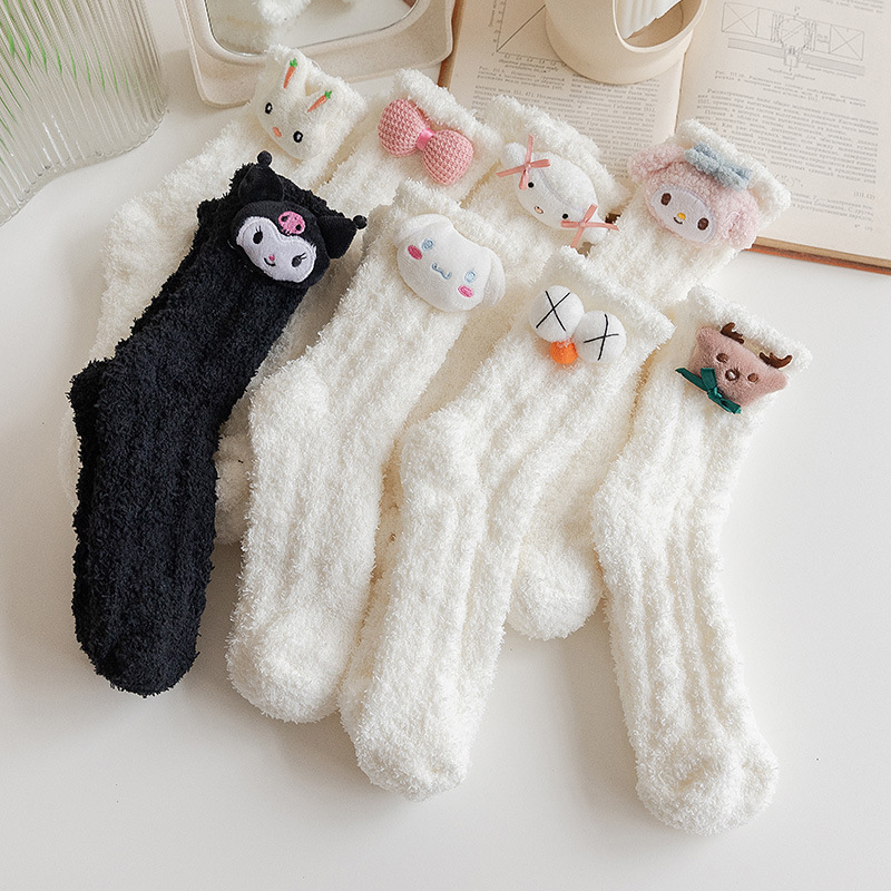 Doll coral fleece socks women's autumn and winter fleece-lined thickened warm Japanese cute white home sleep mid-calf length socks