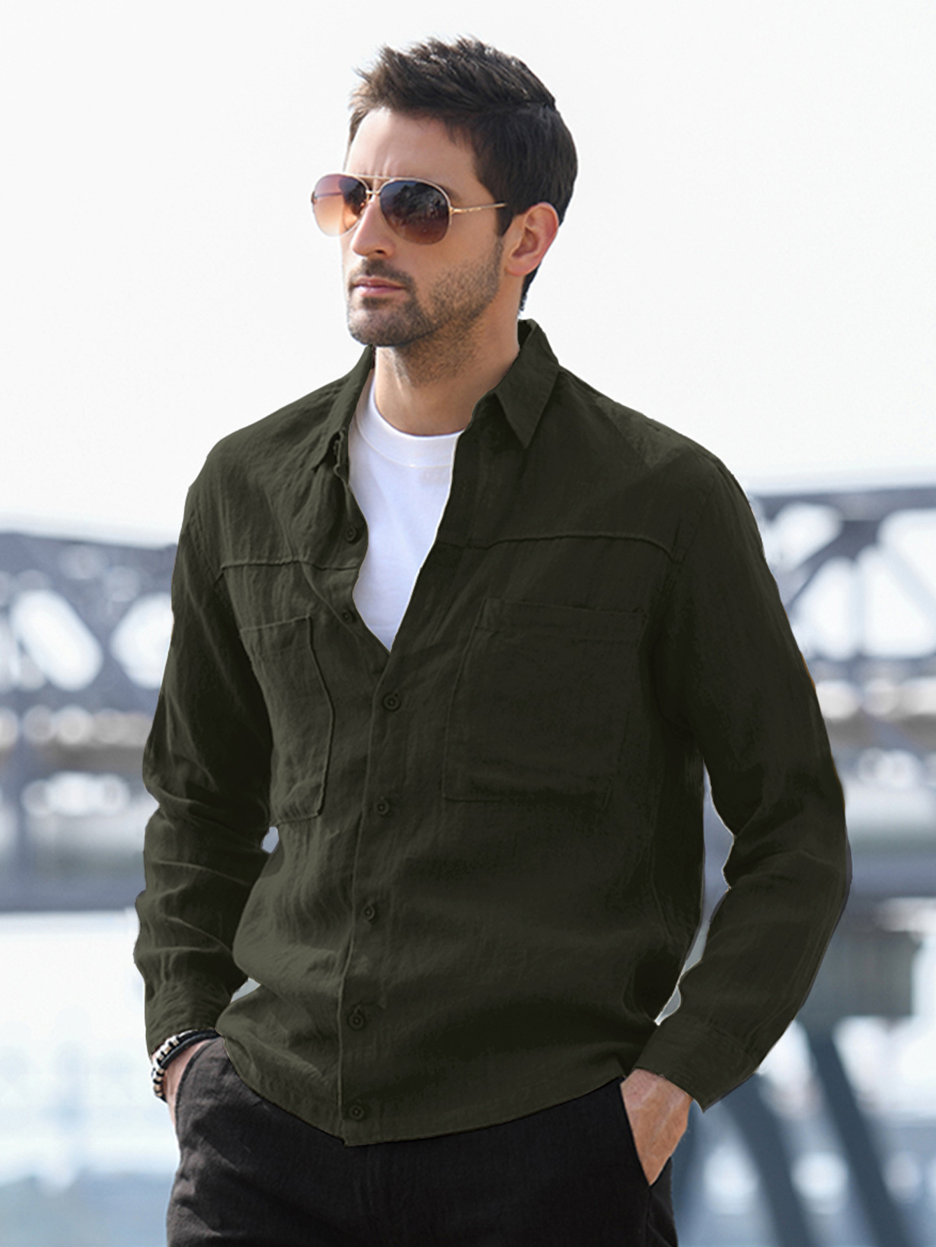 Cross-border New Men's Youth Loose plus size Men's Solid Color Simple Long Sleeve Lapel Cotton Linen Shirt in stock Hair