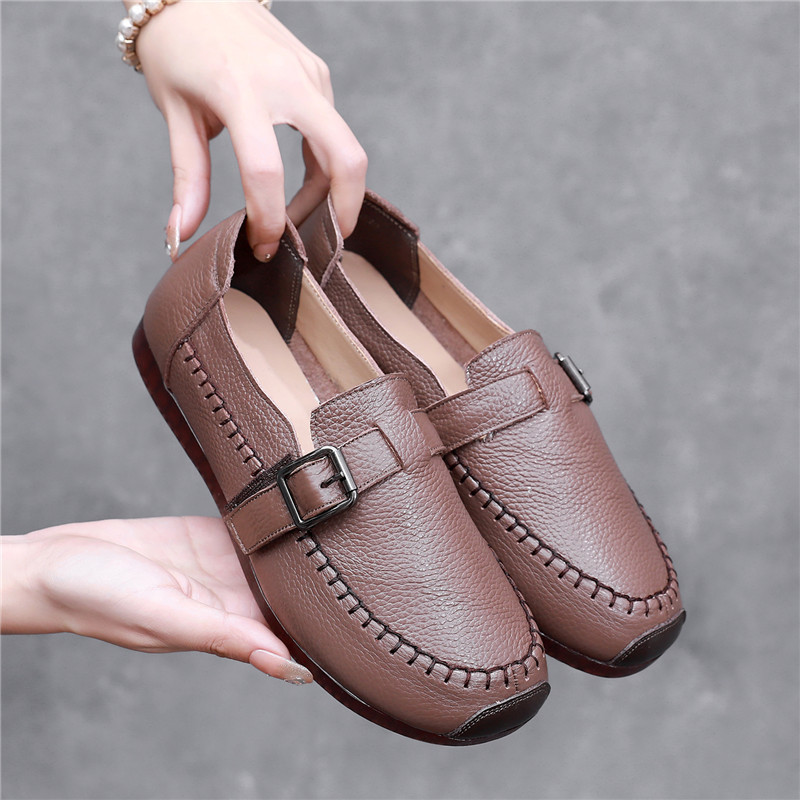 Cowhide Comfortable Soft-soled Moms Shoes Hand-stitched Single-layer Shoes Women's Shoes Large Size Wide Running Women's Shoes 3906