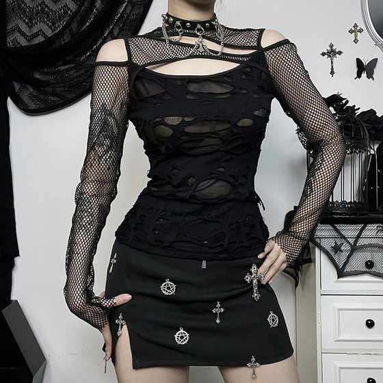 CF23498 autumn new personalized women's clothing dark style hot girl Sexy Slim mesh ripped long sleeve top for women