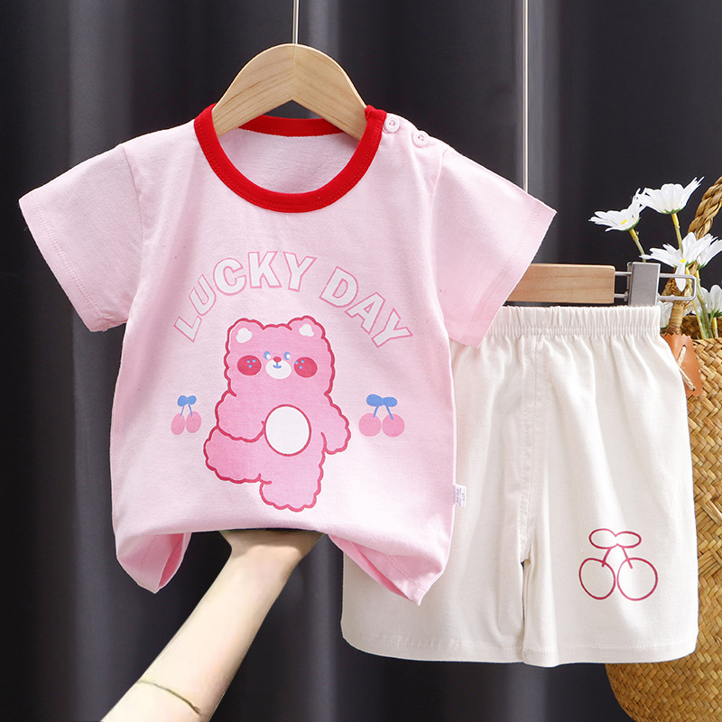 2023 Summer new children's clothing children's short sleeve set wholesale boys and girls baby T-shirt shorts two-piece cotton
