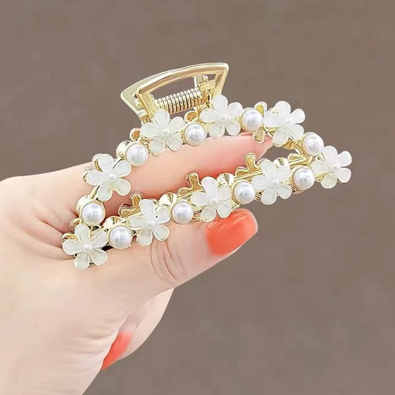 2022 New Flower Medium Grab Clip French Elegant Elegant Hair Clip Net Red Pearl Glaze Metal Hair Grab_voghion.com