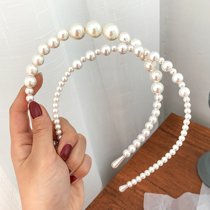 European and American Cross-border Pearl Headband Three-piece Set Handmade Pearl Headband Size Pearl Pressing Hair All-match Headband Women