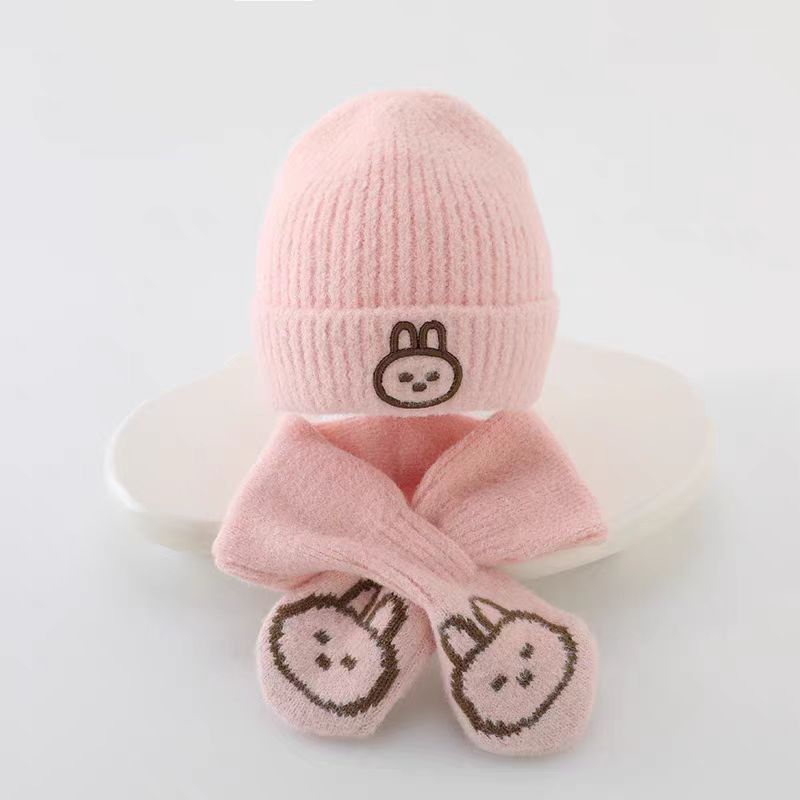 Gorro de bebé de invierno, bonito gorro de lana de conejo de estilo coreano para niños y niñas, gorro de punto para bebé de otoño e invierno, traje con bufanda_voghion.com
