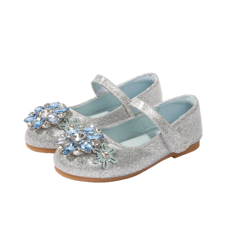 Girls Princess Shoes Spring and Autumn New Aisha Silver Crystal Shoes Little Girls Flat Shoes Soft Sole Shoes Children's Performance