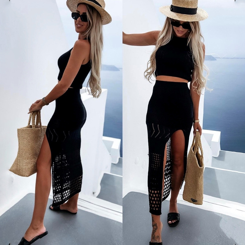 2023 European and American Cross-border New Women's Summer Short Top Split Hip Skirt Two-piece Dress