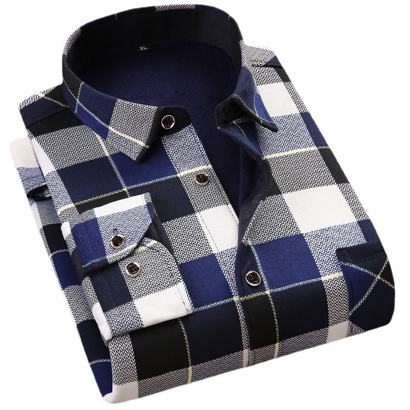 2023 Autumn and Winter Warm Shirt Men's Fleece-lined Thickened Long-sleeved Large Size Middle-aged and Elderly Printed Plaid Shirt for Dad