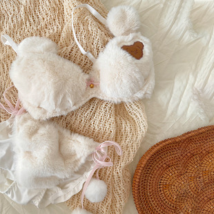Japanese girl underwear cute cartoon bear bar student plush bra with steel ring bow suit