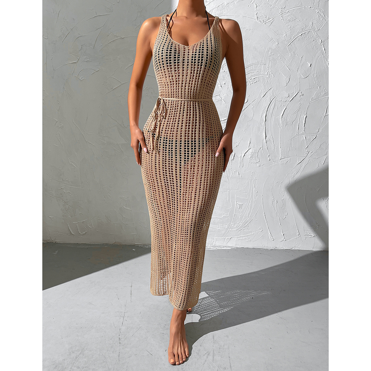 6-color European and American Cross-border Beach Hollow Backless Knitted Jumpsuit Women's Seaside Vacation Bikini Mesh Outer Cover
