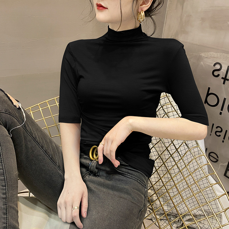Style Modal Mid-Sleeve T-Shirt Women's Korean Style Early Autumn Slim-Fit Inner Half-High Collar Base Shirt Half-Sleeve Top