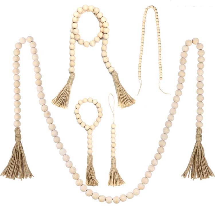 ins Amazon European and American Pastoral Hemp Rope Wooden Beads Tassel String Decorative Hanging Wood Bead Garland