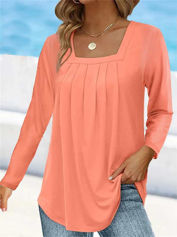  Amazon wish European and American clothing cross-border summer pleated solid color long-sleeved U-neck solid color loose