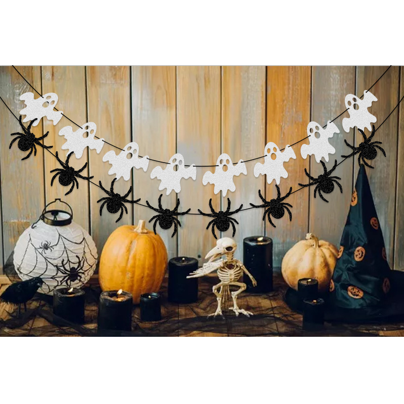 Halloween Party Decoration Banner Ghost Black Round Piece Flower Spider CREEP IT REAL Glitter Flower