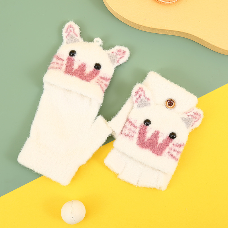 Plush gloves Children Baby windproof writing kitten half finger flip fleece-lined thick warm winter gloves wholesale