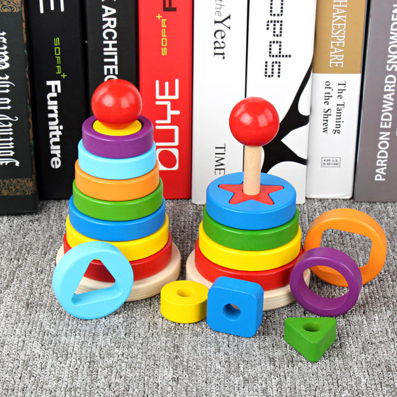 Wooden children's stacked puzzle toys wooden seven-color set tower rainbow tower building blocks stall selling wholesale