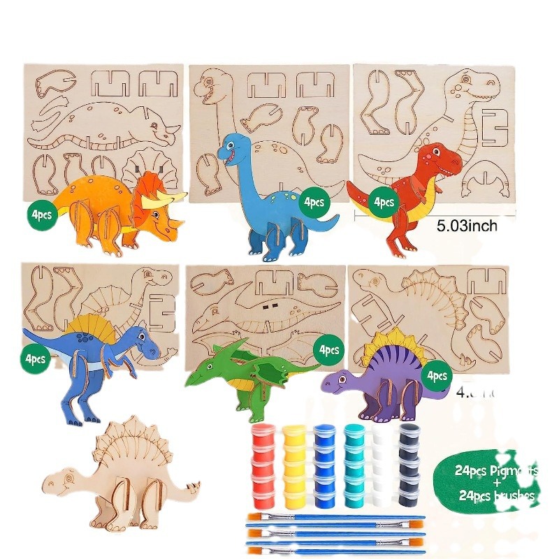 Cross-border wooden cartoon dinosaur puzzle suit unfinished crafts suit children's birthday painting decorations