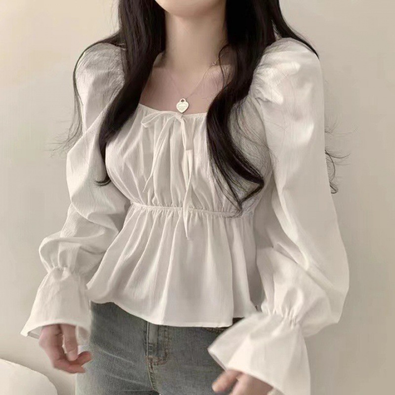 Fall 2023 Korean style sweet square collar lace-up waist ruffled flared sleeve slimming shirt