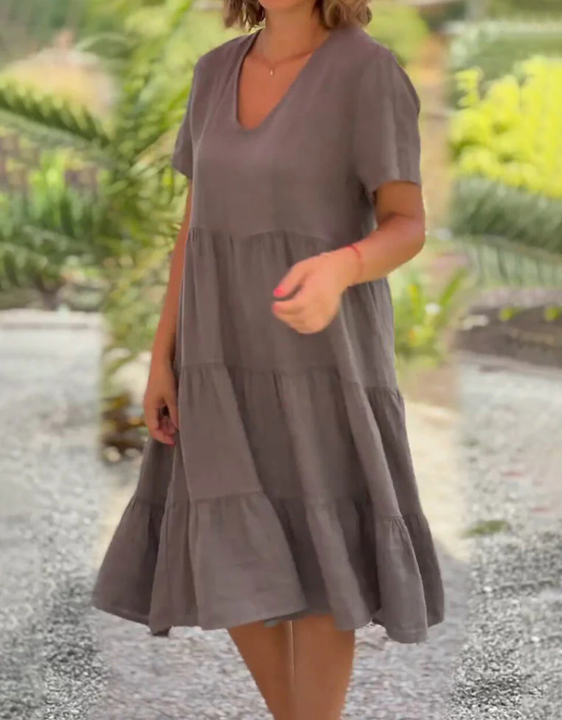 European and American summer new women's clothing fresh sweet V-neck solid color large swing casual short skirt dress